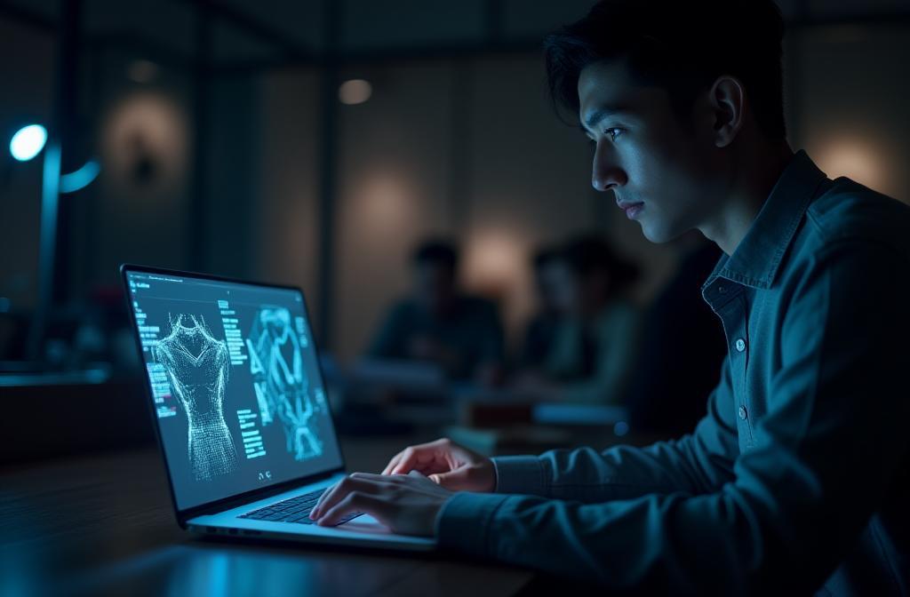 Fashion designer using a digital design tool on a laptop, overlayed with abstract tech patterns