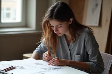 Photo of a young fashion designer sketching designs in a studio